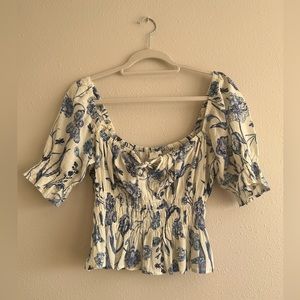 Blue floral puff sleeve top with tie bust - H&M